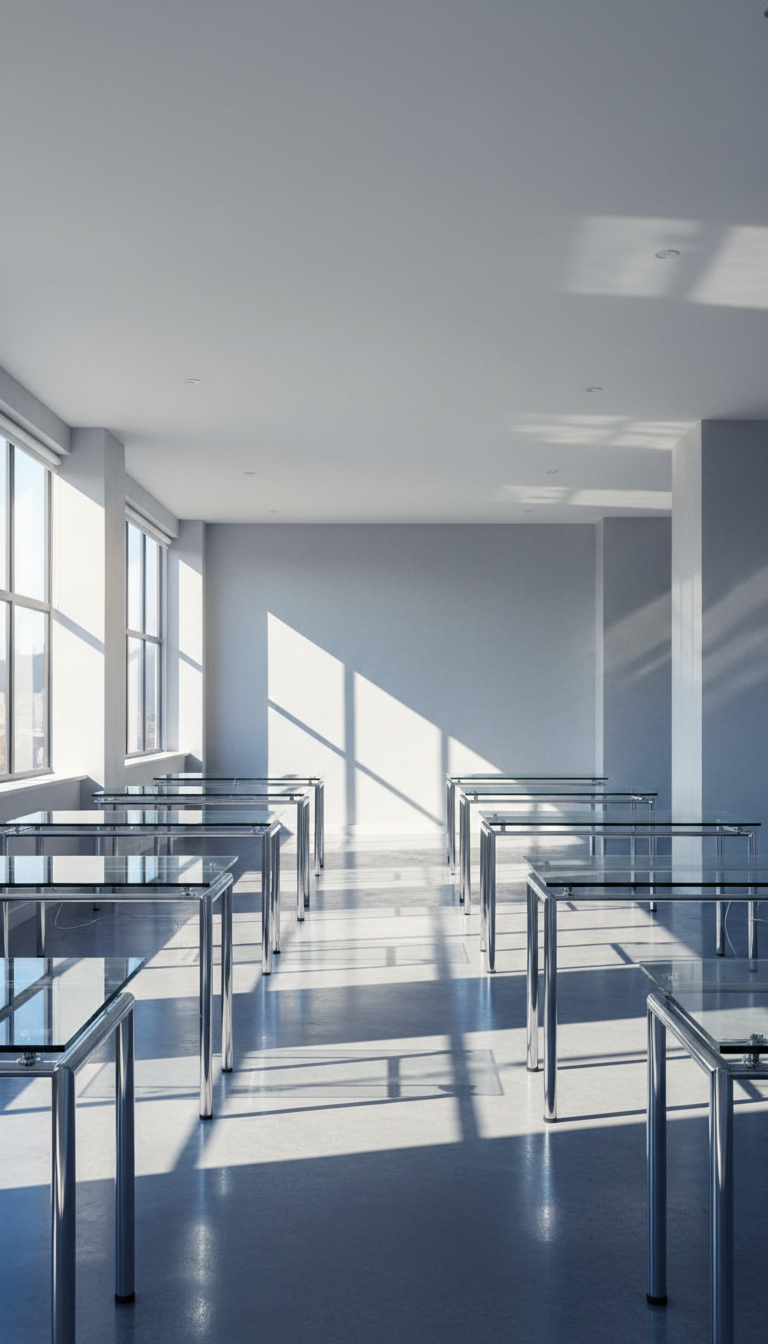 A gleaming, freshly-cleaned modern office space where glass-topped desks and polished chrome fixtures reflect every surface. The floors are spotless, with a soft luster, while subtle, neutral-toned walls amplify the sense of hygiene. Natural daylight spills in from large windows, highlighting immaculate corners and creating crisp, clean shadows. The atmosphere is professional and calm, suggesting utmost precision and care. Captured from an eye-level perspective with sharp focus throughout, the composition balances symmetry and openness, delivering a corporate, structured photographic realism that embodies high cleaning standards relevant to business environments.